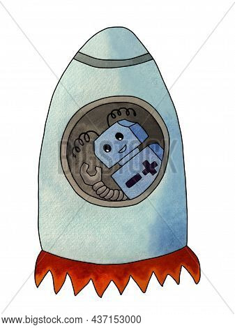 A Blue Square Robot Flies In A Cosmic Rocket. Watercolor Cartoon Hand Drawn Illustration