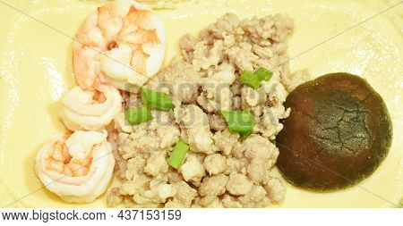 Steamed Egg Topping Shrimp And Chop Pork With Black Mushroom In Aluminum Tray On White Background
