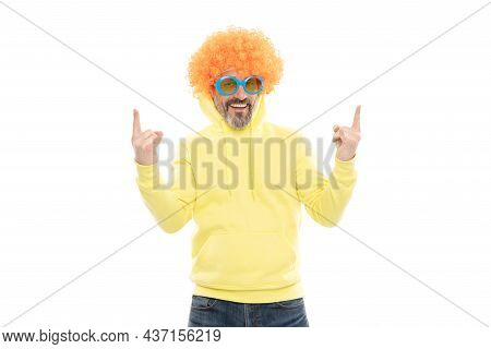 Funky Party. Bearded Man Wear Funky Wig. Nerdy Look. Showing Sign Of Horns. Heavy Metal Culture