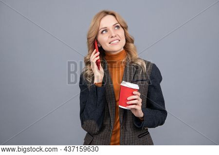 Chattering Girl Talk On Mobile Phone Drinking Coffee Grey Background, Chatterbox