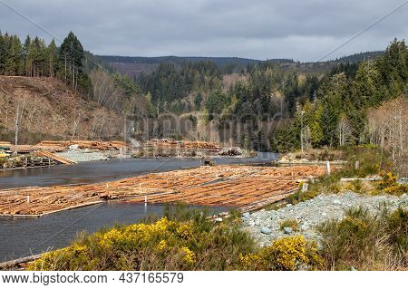 Log Boom On The Jordan River On Vancouver Island In British Columbia