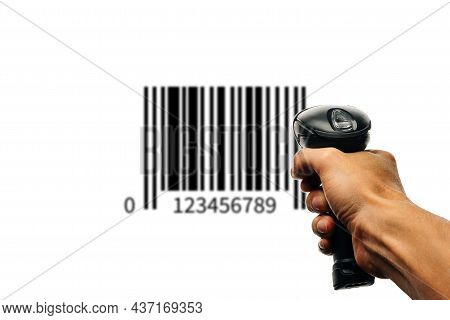 Bar Code. Retail Label Barcode Scan. Reader Laser Scanner For Warehouse Holding Hand. Product Code D