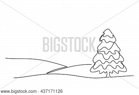 Winter Landscape With Fir Outline Vector Illustration. Snow Covered Spruce Among Hills. Template For