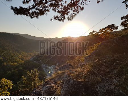 Idyllic And Beautiful Sunset Autumn Landscape: Pine Tree Forest Near Moedling. Beautiful City Next T