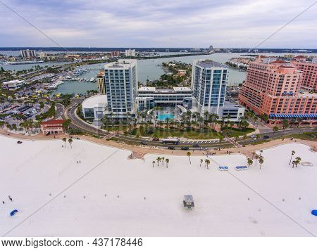 Wyndham Grand Clearwater Beach Hotel aerial view in a cloudy day, city of Clearwater, Florida FL, USA.