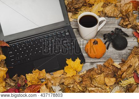 A Black Laptop On A Wooden Background Of A Gray Table Next To Dry Fallen Autumn Leaves And A White C