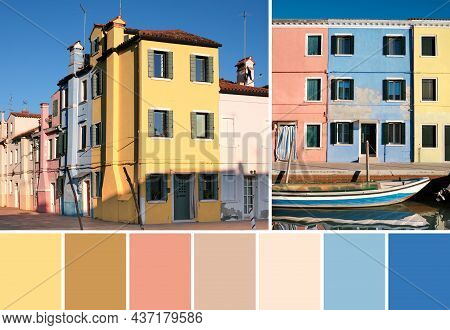 Color Matching Palette From Iage Of Colorful Traditional Houses In The Burano. Burano Island In The 