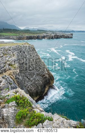 Dramatic Cliffs At The Cantabrian Coast In Famous Bufones De Pria On A Misty Autumn Day. Moody Coast