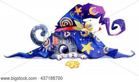 Set Of Watercolor Cliparts. Fabulous Fantastic Medieval Cats. Halloween Theme, Jester, Princess, Gar