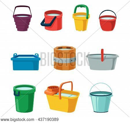 Bucket. Metal Wooden And Plastic Containers With Water. Household Washing Equipment. Cartoon Houseke