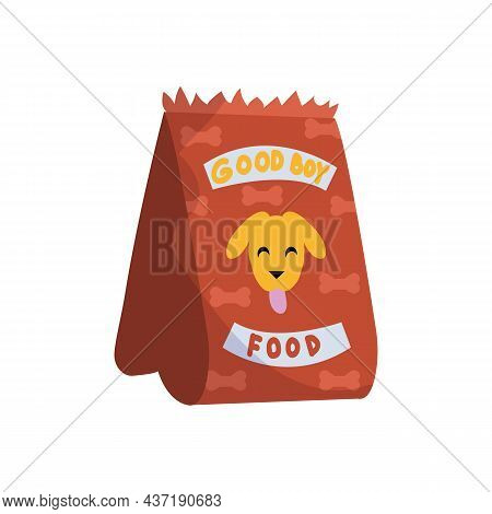 Cartoon Package With Dog Food. Domestic Animal Feed. Isolated Bag With Puppy Meal. Veterinary Shop M