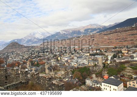 Sion, Switzerland - Nov 15, 2015: Cityscape Of Sion Viewed From Valere Basilica On Nov 15, 2015 In S