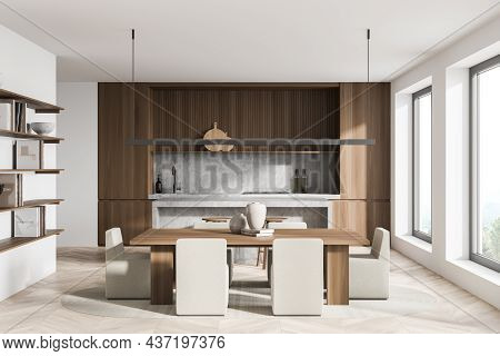 Bright Kitchen Room Interior With Two Barstools, Bar Counter, Dining Table With Six Chair, Cupboard,