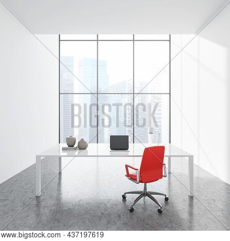 White And Grey Office Interior With Accent Red Rolling Chair, Pesonal Desk And Concrete Floor. Panor