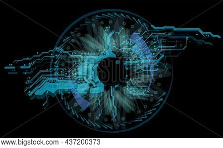 Techno Eye With Motherboard Pattern Isolated On Black Background. Layered Eps10 Vector Illustration.