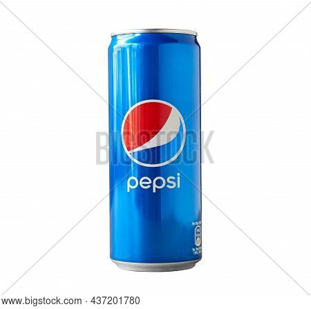 Aluminum Can With Sweet Carbonated Drink Pepsi Isolated On A White Background