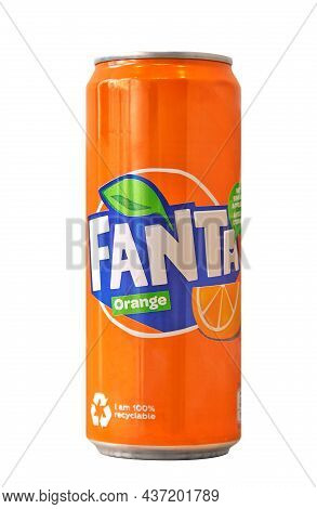 Aluminum Can With Sweet Carbonated Drink Fanta Isolated On A White Background, Made For Belgium