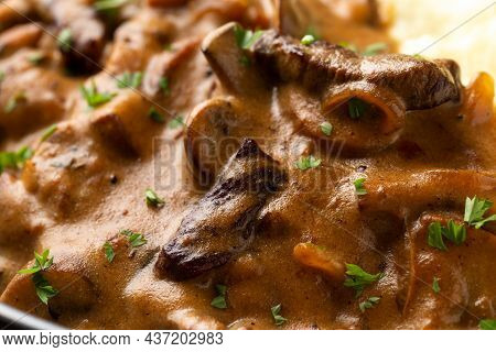 Beef Stroganoff With Mushrooms And Mashed Potatoes.