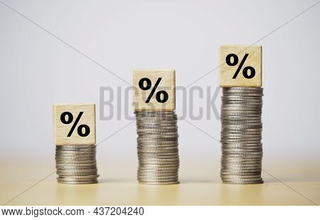 Percentage Sign Print Screen On Wooden Cube Block Which Lay Down On Increasing Coins Stacking For In