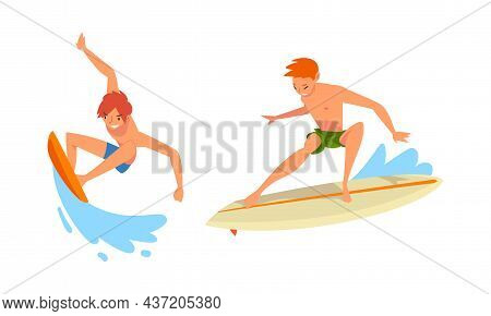 Man Surfer Character On Surf Board Riding Moving Wave Of Water Vector Se