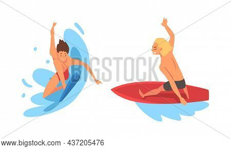 Man Surfer Character On Surf Board Riding Moving Wave Of Water Vector Se