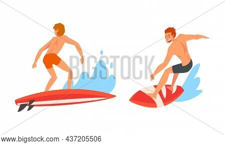 Man Surfer Character On Surf Board Riding Moving Wave Of Water Vector Se