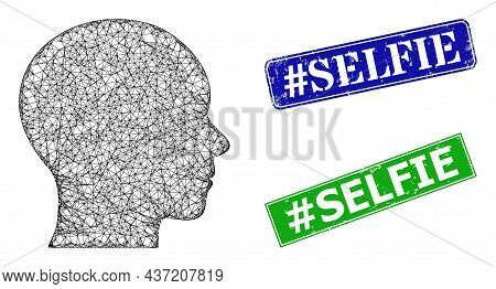 Polygonal Human Head Image, And Hashtag Selfie Blue And Green Rectangular Textured Stamp Seals. Mesh