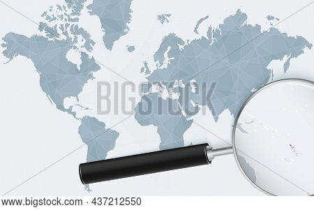 World Map With A Magnifying Glass Pointing At Vanuatu. Map Of Vanuatu With The Flag In The Loop. Vec