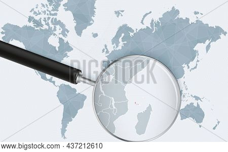 World Map With A Magnifying Glass Pointing At Comoros. Map Of Comoros With The Flag In The Loop. Vec