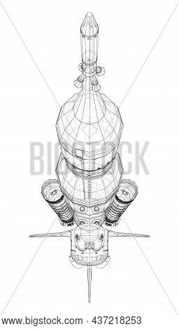 Rocket Carrying Space Shuttle. Vector Rendering Of 3d. Wire-frame Style. Elements Of This Image Furn