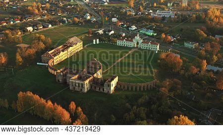 Ruzhany, Brest Region, Belarus. Cityscape Skyline In Autumn Sunny Evening. Birds-eye View Of Ruzhany