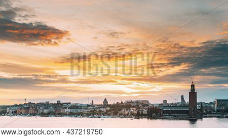 Stockholm, Sweden. Skyline Cityscape Famous View Of Old Town Gamla Stan In Summer Evening. Famous Po