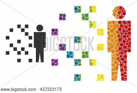 Digital Man Synthesis Mosaic Icon Of Round Items In Different Sizes And Rainbow Colored Color Hues. 