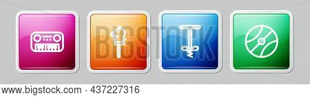 Set Line Toy Piano, Horse, Pogo Stick Jumping Toy And Basketball Ball. Colorful Square Button. Vecto