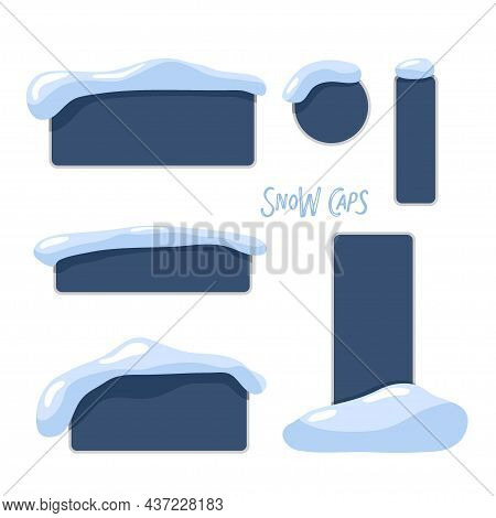 Set Of Banner With Snow Cap. Winter Design Element. Collection Of Buttons With Snow Caps And Snowdri