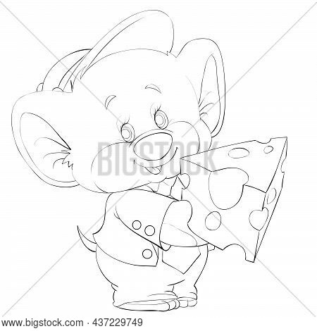 Sketch, Cute Mouse In A Cap And Clothes Holding A Piece Of Cheese In Its Paws, Coloring, Cartoon Ill