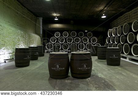 Inkerman.crimea.may 31, 2021.oak Barrels With Wine In The Cellars Of The Inkerman Winery In The Crim