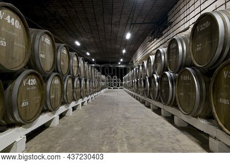 Inkerman.crimea.may 31, 2021.oak Barrels With Wine In The Cellars Of The Inkerman Winery In The Crim