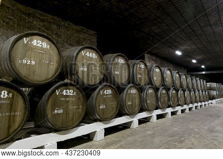 Inkerman.crimea.may 31, 2021.oak Barrels With Wine In The Cellars Of The Inkerman Winery In The Crim