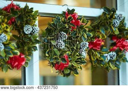 Close-up Of Round Christmas Wreaths Made. Zsd