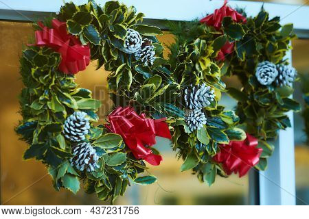 Close-up Of Round Christmas Wreaths Made. Zsd