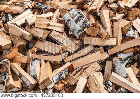 Preparation Of Firewood For The Winter. Stacks Of Firewood In The Forest. Firewood Background. Sawed