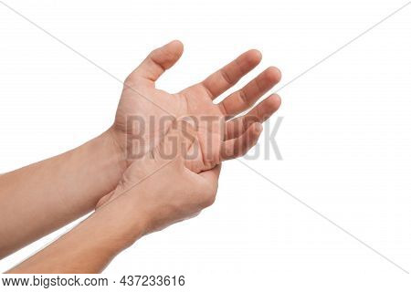 Unrecognizable Millennial Caucasian Guy Suffering From Pain In Arm, Presses Hand To Sore Spot, Holdi