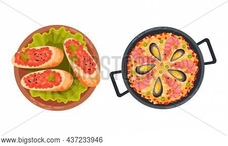 Paella With Seafood And Sandwiches With Forcemeat As Served Spanish Cuisine Dish Above View Vector S