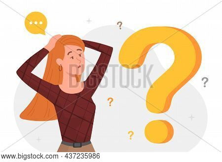 Thoughtful Woman Concept. Girl Stands In Shock, Clasping Her Head In Her Hands. Character In Front O