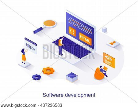 Software Development Isometric Web Concept. People Program In Different Languages, Working With Code