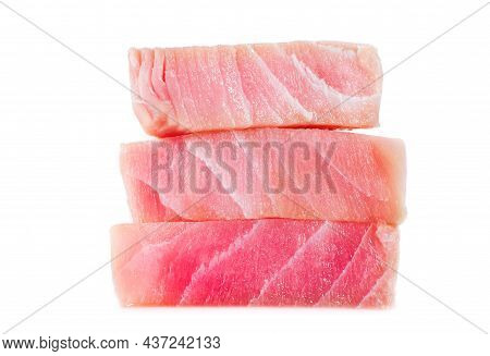 Fresh Raw Pink Appetizing Tuna Steaks Close-up. Isolated Over White Background. Tuna Sashimi