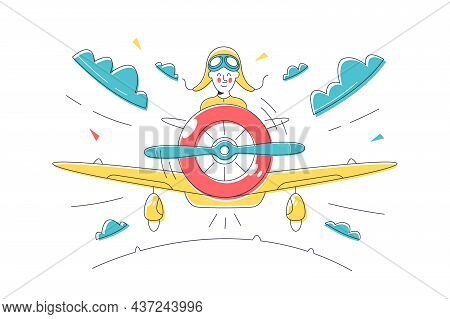 Pilot Control Plane And Fly In Sky Vector Illustration. Happy Aviator Perform Test Fly Flat Style. A