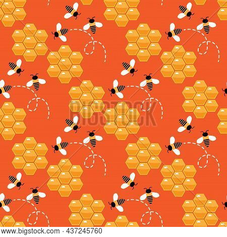 Summer Flat Cartoon Seamless Pattern With Honecomb, Honey Hive  And Bees. Creative  Kids Texture For