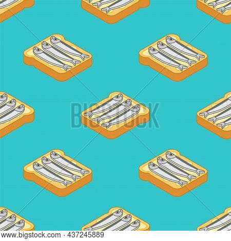 Herring Bread Pattern Seamless. Toast With Fish Ornament. Piece Of Bread With Fish Background. Food 